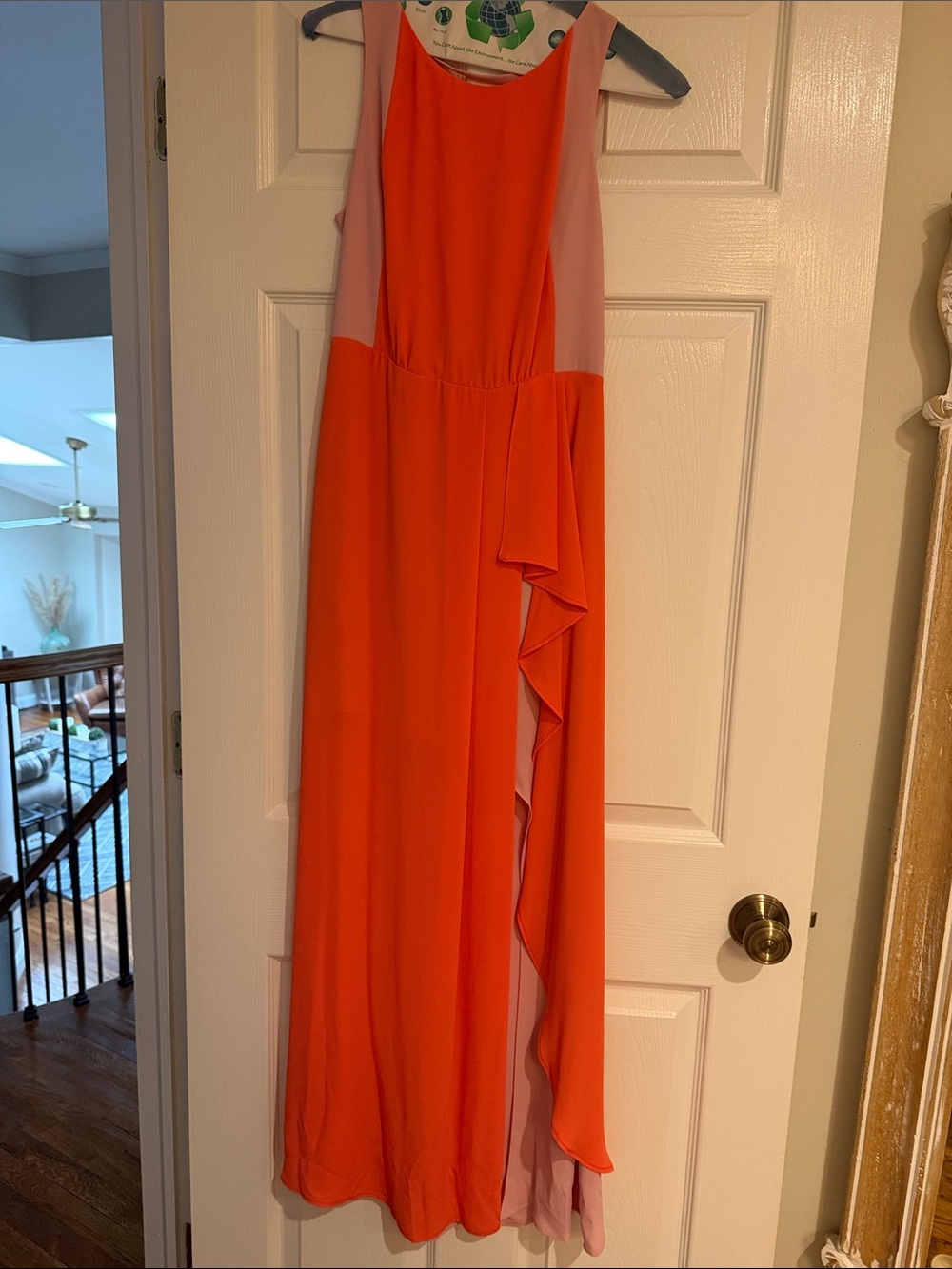 BCBGMaxAzria Coral and Blush Colorblock Ruffle Maxi Dress